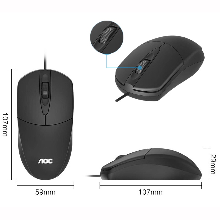 Chuột máy tính AOC Model MS121, dây cắm USB, bề mặt chống bám mồ hô