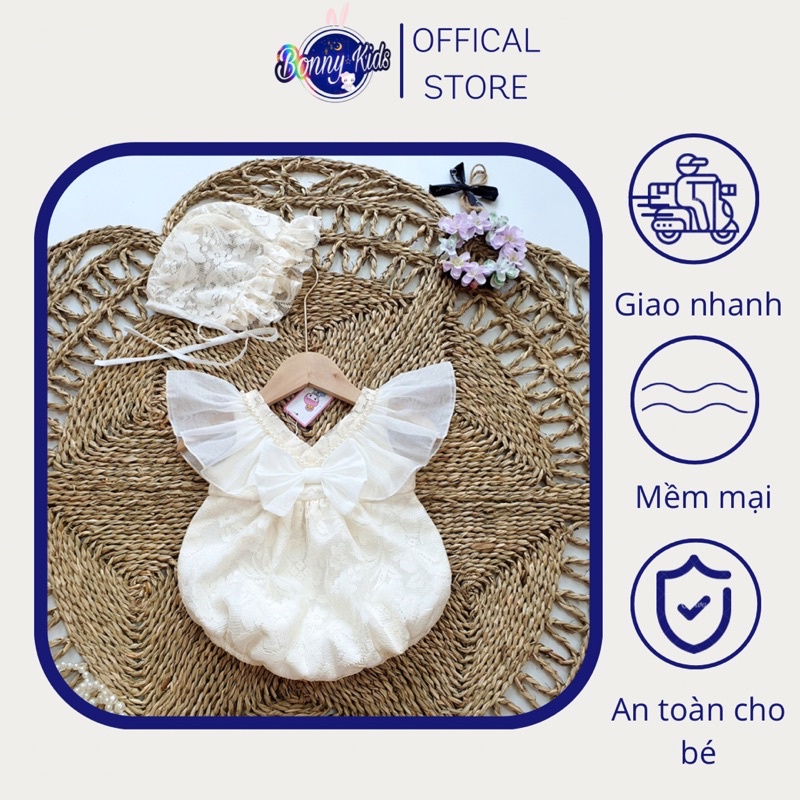 Bodysuit Bé Gái Ren Cánh Tiên Cổ V Kèm Mũ Ren Cao Cấp, Váy Thôi Nôi, Đầm Đầy Tháng, Body Liền Thân, Set Đồ Sơ Sinh