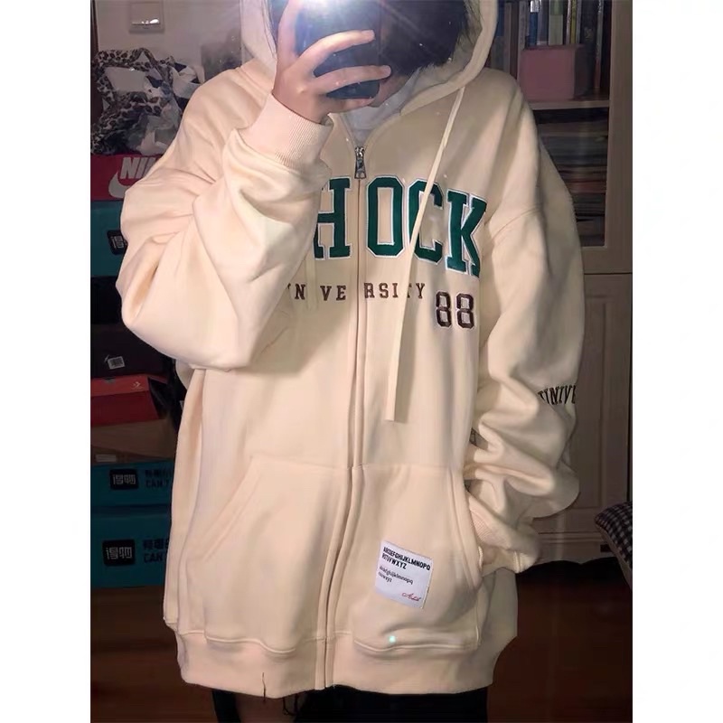 Áo Khoác Jacket Hoodie Zip Màu Kem Nude Chữ Thêu Oversize Nam Nữ