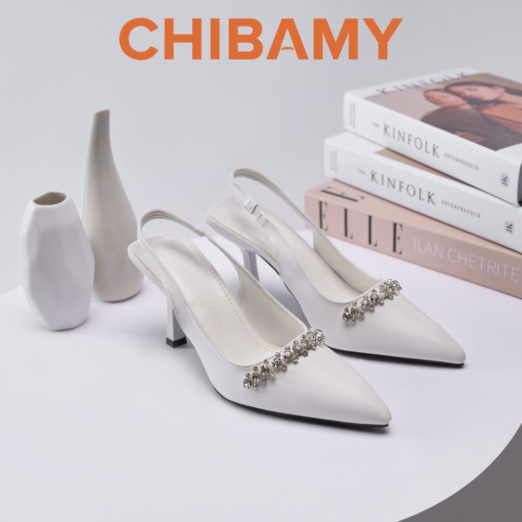 Giày cao gót nữ bít mũi đính dây đá CHIBAMY, giày cưới gót nhọn 8cm chất da mềm mã H04
