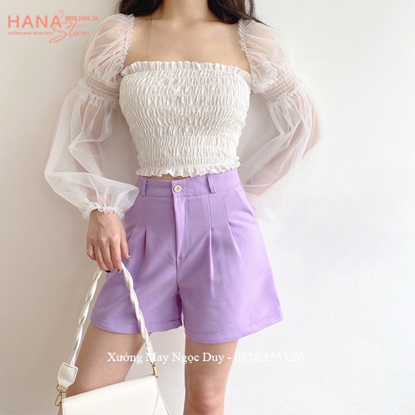 Quần short cạp cao nữ gập gấu đen trắng dáng quần đùi nữ mặc nhà cạp cao ống rộng có túi vải tuyết mưa dày mềm đi biển