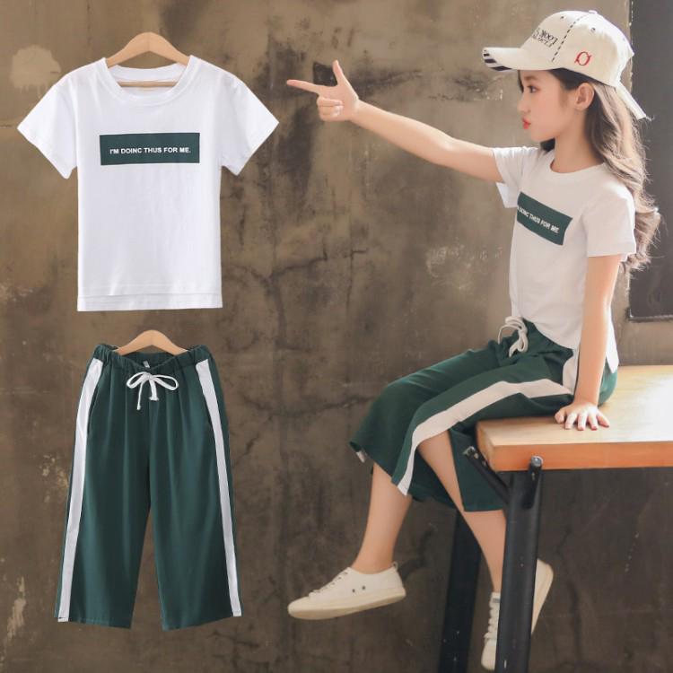 Bộ áo tay ngắn in họa tiết chữ + quần ống rộng thời trang cá tính cho bé gái 3-14 tuổi