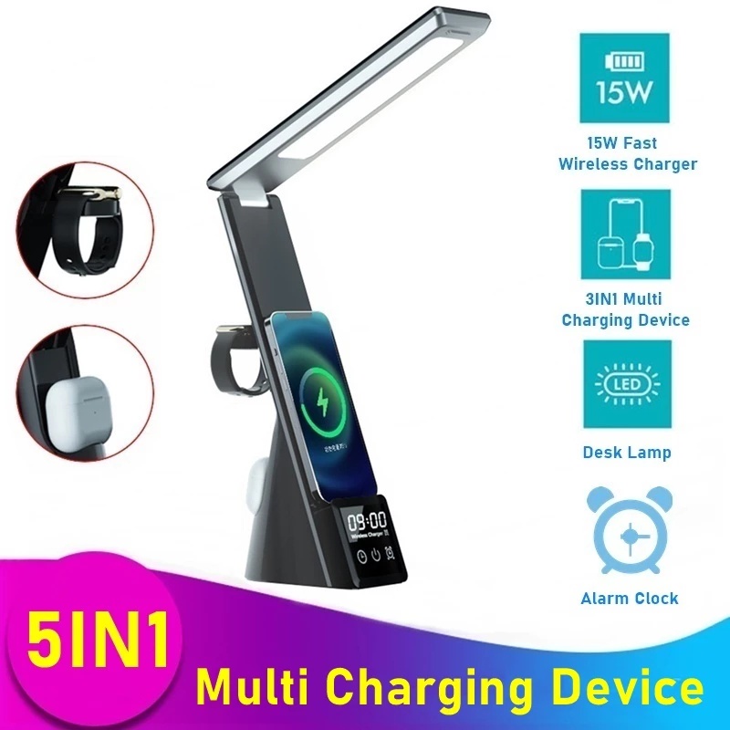 Đèn LED Để Bàn Đa Năng Tích Hợp Đồng Hồ Báo Thức 15W 5 Trong 1 Sạc Nhanh Không Dây Dành Cho Điện Thoại Di Động