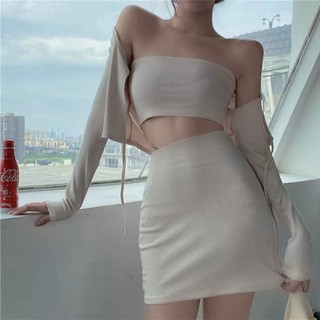 Set 3in1 áo croptop quây kèm khoác lửng tay dài và chân váy ngắn dáng ôm thun gân - by SGGz
