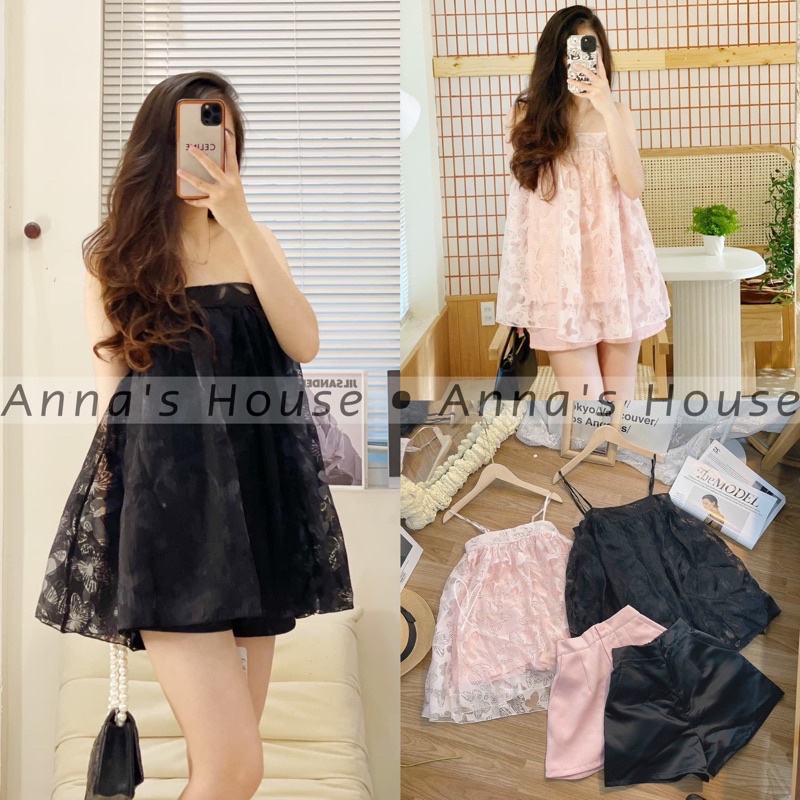 HÌNH THẬT - Set áo babydoll voan 2 dây ren nổi + short