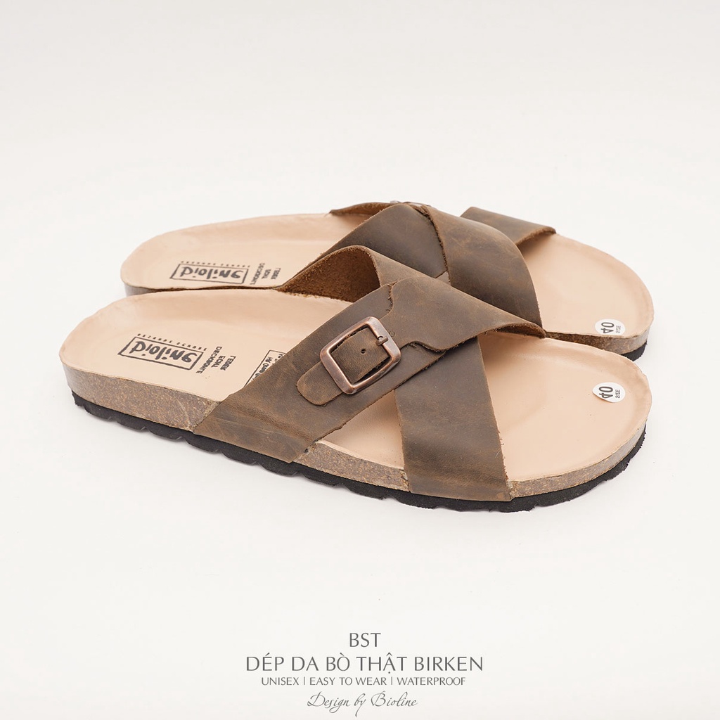 DK17-LÓT CHỐNG NƯỚC - Dép đế trấu BIRKEN da bò thật nam nữ unisex quai ngang đi trong nhà chính hãng BIOLINE OFFICIAL