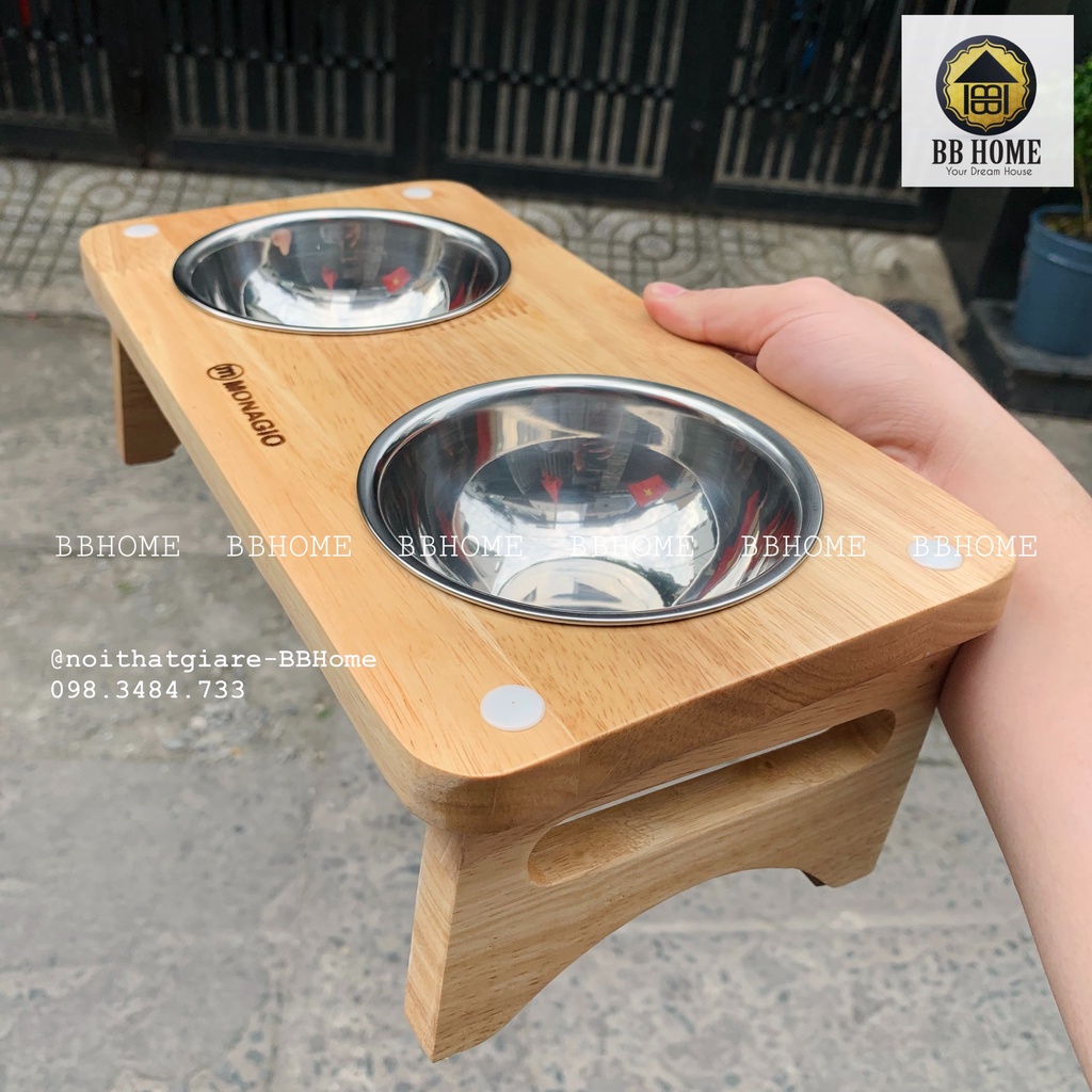 KHAY GỖ ĂN CHO MÈO XUẤT KHẨU HÀN QUỐC- 2 CHÉN INOX RỜI (Sơn chống nước)