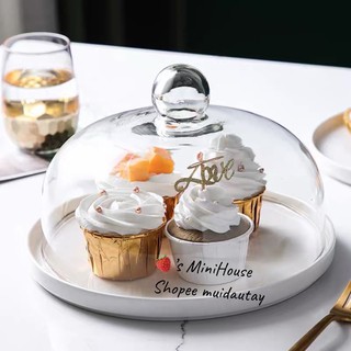 Đĩa bánh ngọt đế sứ kèm chụp thuỷ tinh