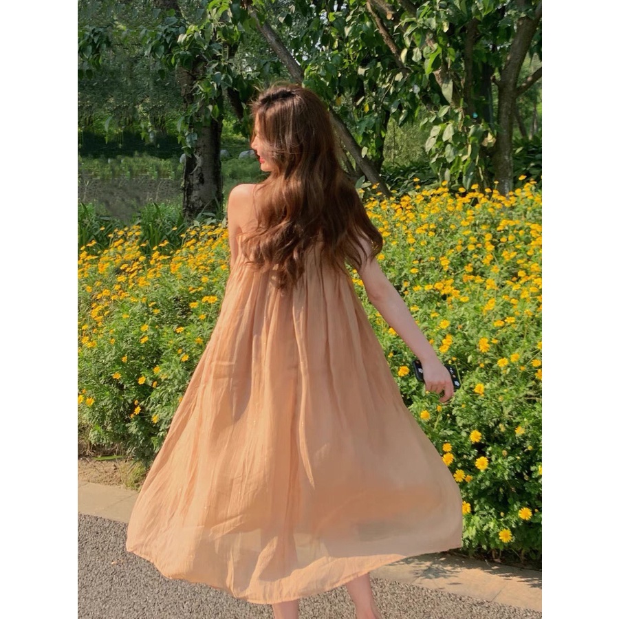 [Có ảnh thật] Đần suông 2 dây kim tuyến nhún, váy nữ hai dây maxi vải tơ hàng Quảng Châu