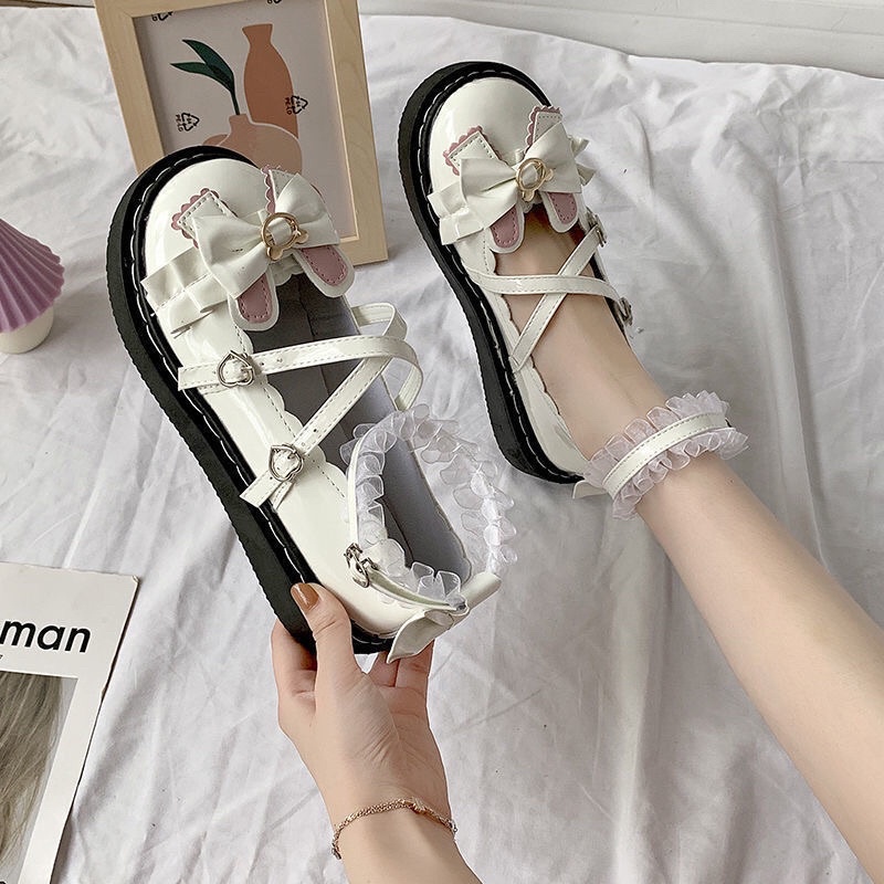 Giày lolita đế bệt da mũi tròn quai chéo gót đính nơ phong cách Nhật Bản