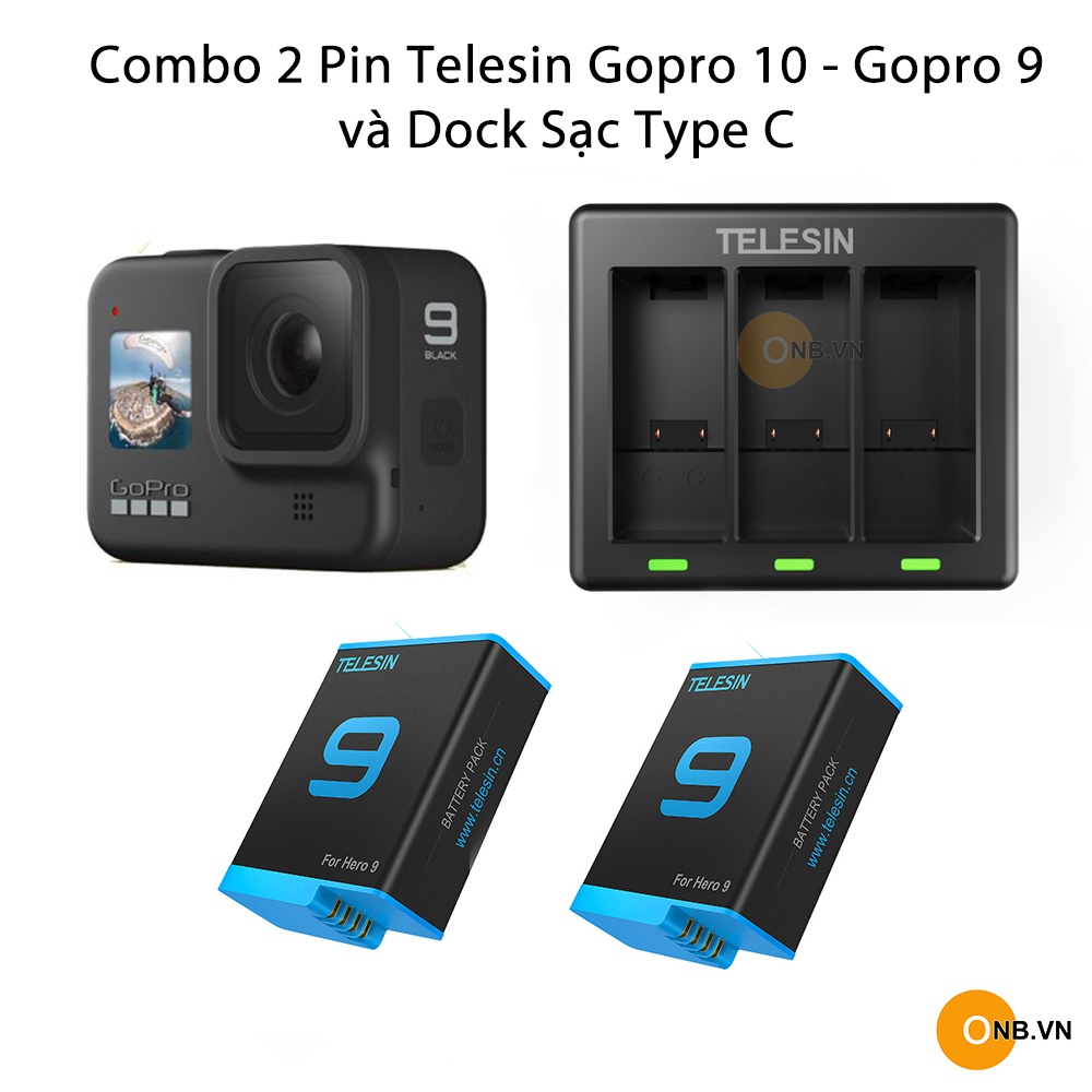 Combo 2 Pin Telesin Gopro 9 Và Dock Sạc 3 Pin Type C