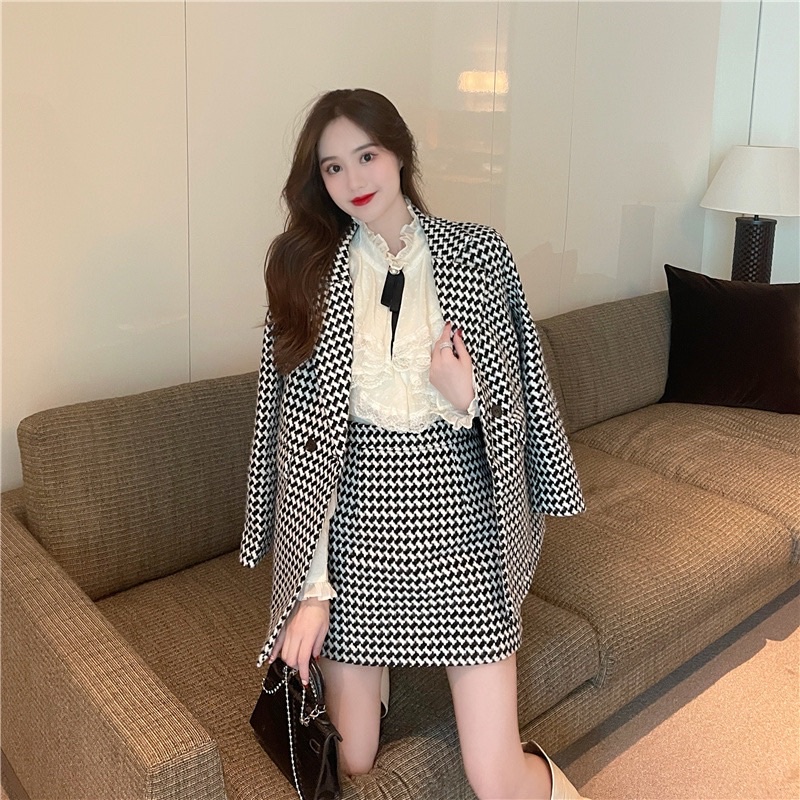 (SẴN) Set dạ vest kẻ đen trắng (không sơ mi)