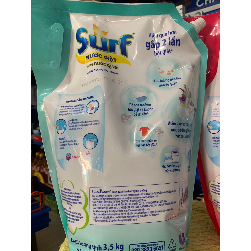 Nước giặt Surf hương sương mai dịu mát / hương cỏ hoa diệu kỳ túi 3.5kg