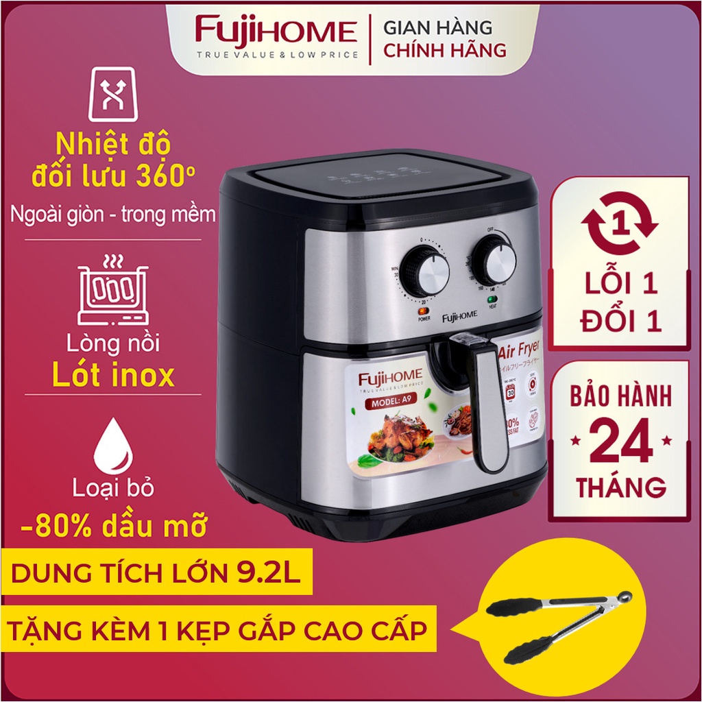 Nồi chiên không dầu 9.2L Nhập Khẩu Nhật Bản Fujihome tự ngắt tặng kèm gắp, Nồi chiên không khí cơ không hơi nước 9 lít