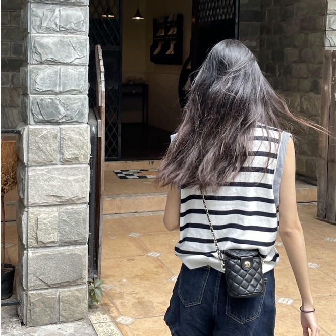 Áo thun ZHELIHANGFEI vải dệt kim không tay dáng rộng kẻ sọc ngang cá tính