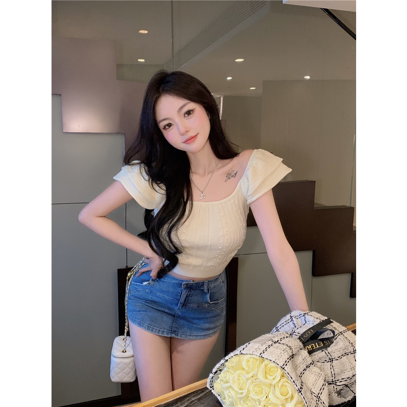 Cocory vn Áo Croptop Dệt Kim Tay Ngắn Trễ Vai Dáng Ôm Thời Trang Mùa Hè Quyến Rũ Cho Nữ