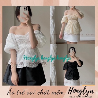 Áo kiểu tay bồng trễ vai chất tơ phối chun ngực