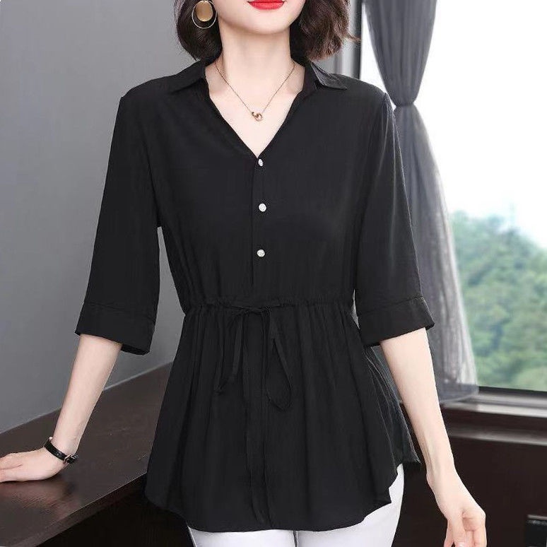 Áo Sơ Mi chiffon Tay Lửng Dáng Rộng Màu Đen Thời Trang Mùa Hè Cho Nữ