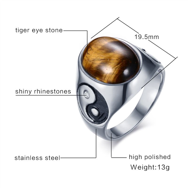 Nhẫn inox đính đá mắt hổ âm dương hình oval kiểu vintage dành cho nam