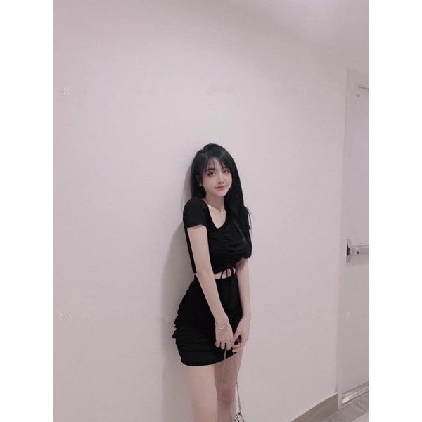 Set ôm body cổ lệch dây rút chéo