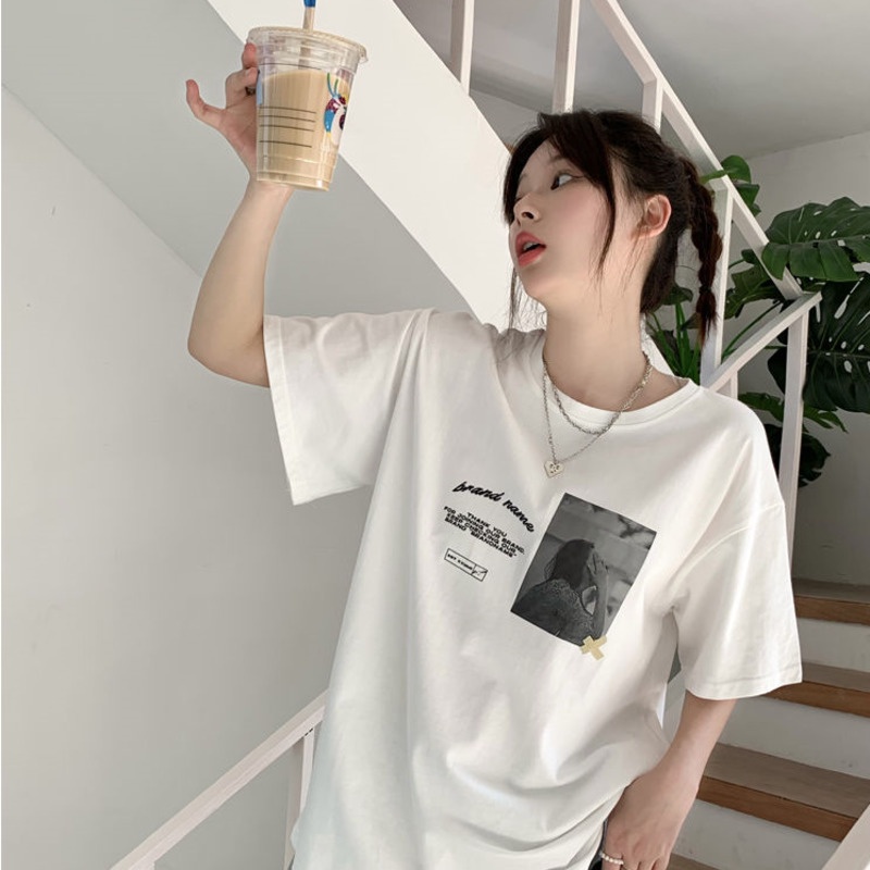 Áo Thun Cổ Tròn Dáng Rộng In Họa Tiết Thời Trang Mùa Hè Phong Cách Hàn Quốc Mới