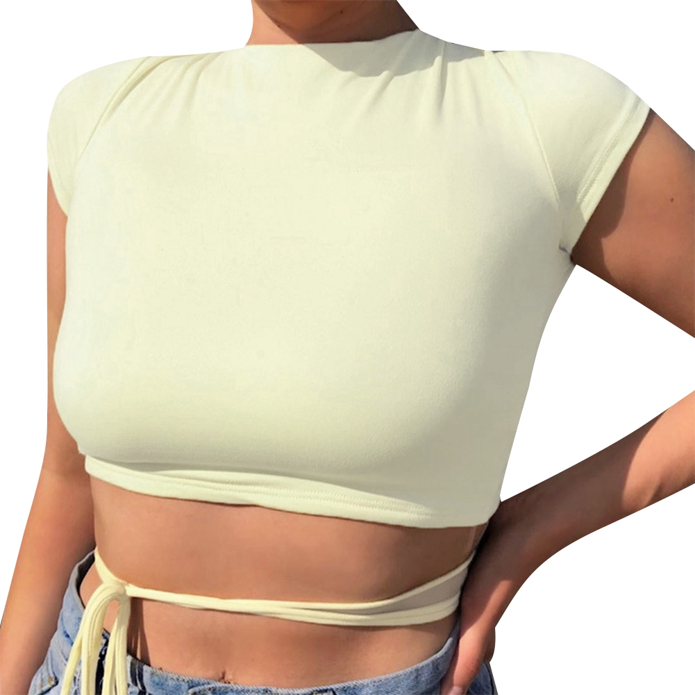 Áo Croptop Tay Ngắn Cổ Tròn Màu Trơn Thắt Dây Ở Eo Thiết Kế Đơn Giản Cho Nữ