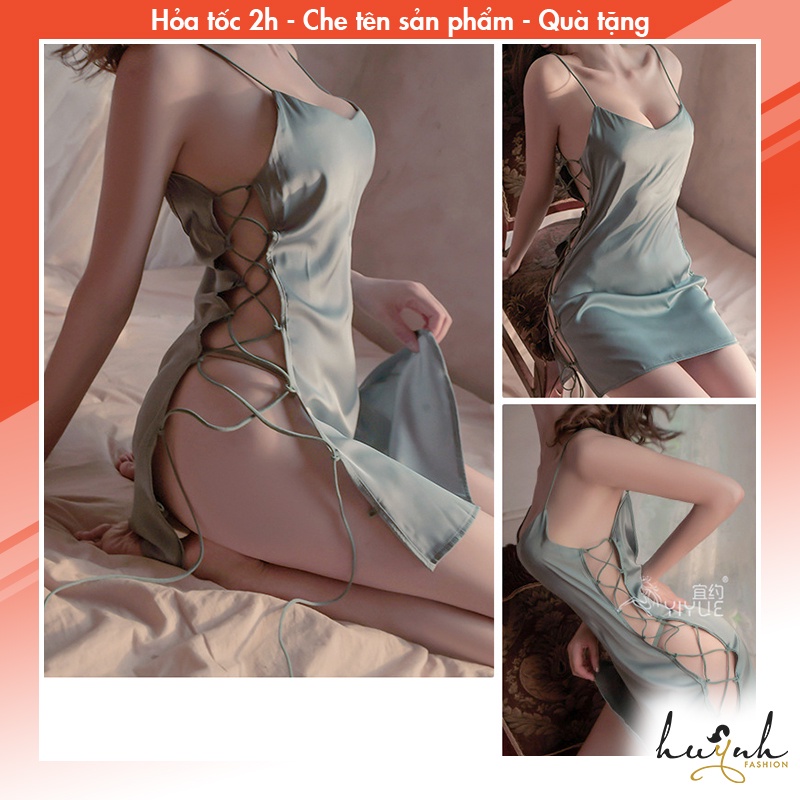 Váy Ngủ Lụa Hai Dây Hở Sườn Kiểu Tà Trước Sau Dây Đan Hông Gợi Cảm - N56