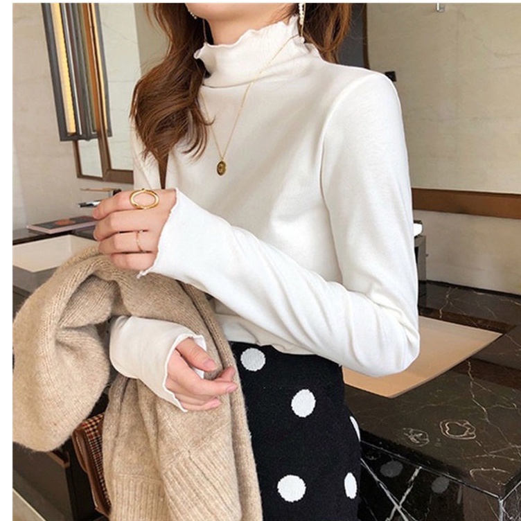Áo Phông Trơn Cổ Sóng, Áo Thun Dài Tay Cute Dễ Thương Phong Cách Hàn Quốc