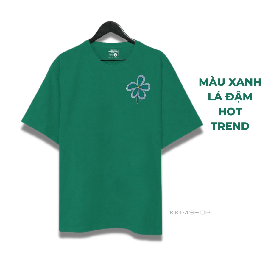 Áo thun tay lỡ STUSSY cỏ 4 lá may mắn, Áo thun unisex nam nữ form rộng oversize chất liệu Cotton KKIMSHOP