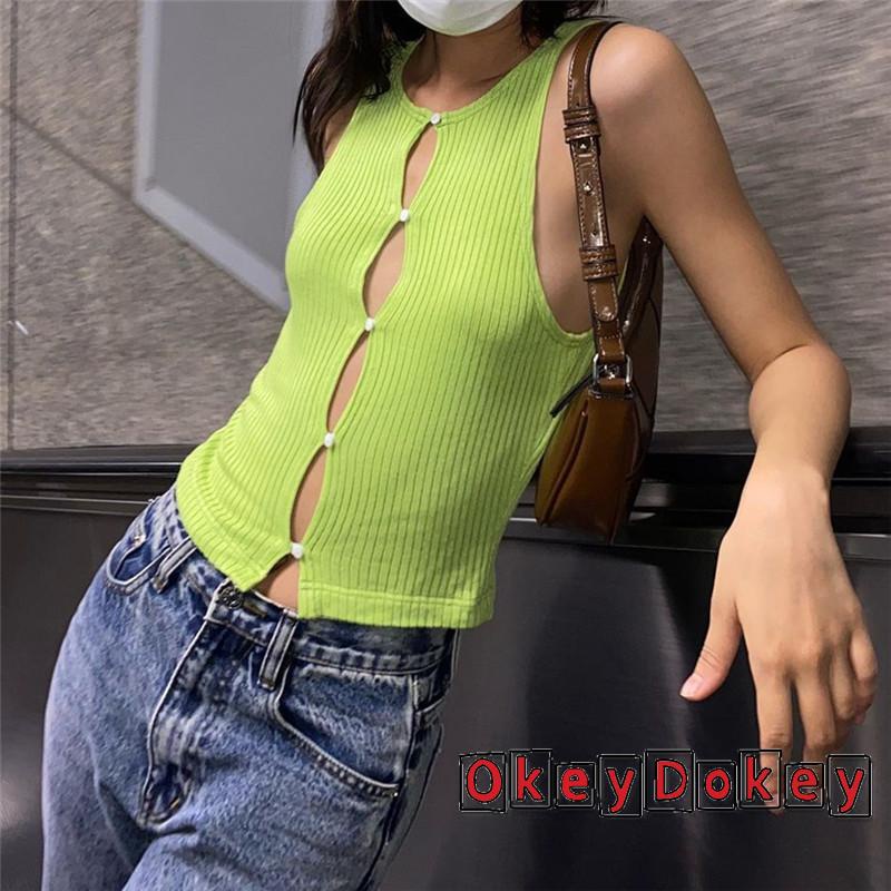 Áo Croptop Dệt Kim Không Tay Khoét Lỗ Ôm Dáng Thời Trang Mùa Hè Cho Nữ