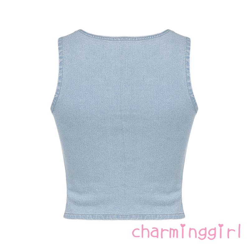 Áo Ba Lỗ Cổ Tròn Thêu Hình Bướm Chất Liệu Denim Thời Trang Cho Nữ