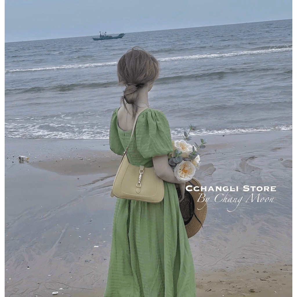Đầm maxi dài tay búp cổ vuông, váy phồng nữ đi chơi đi biển vintage 2 màu hot trend
