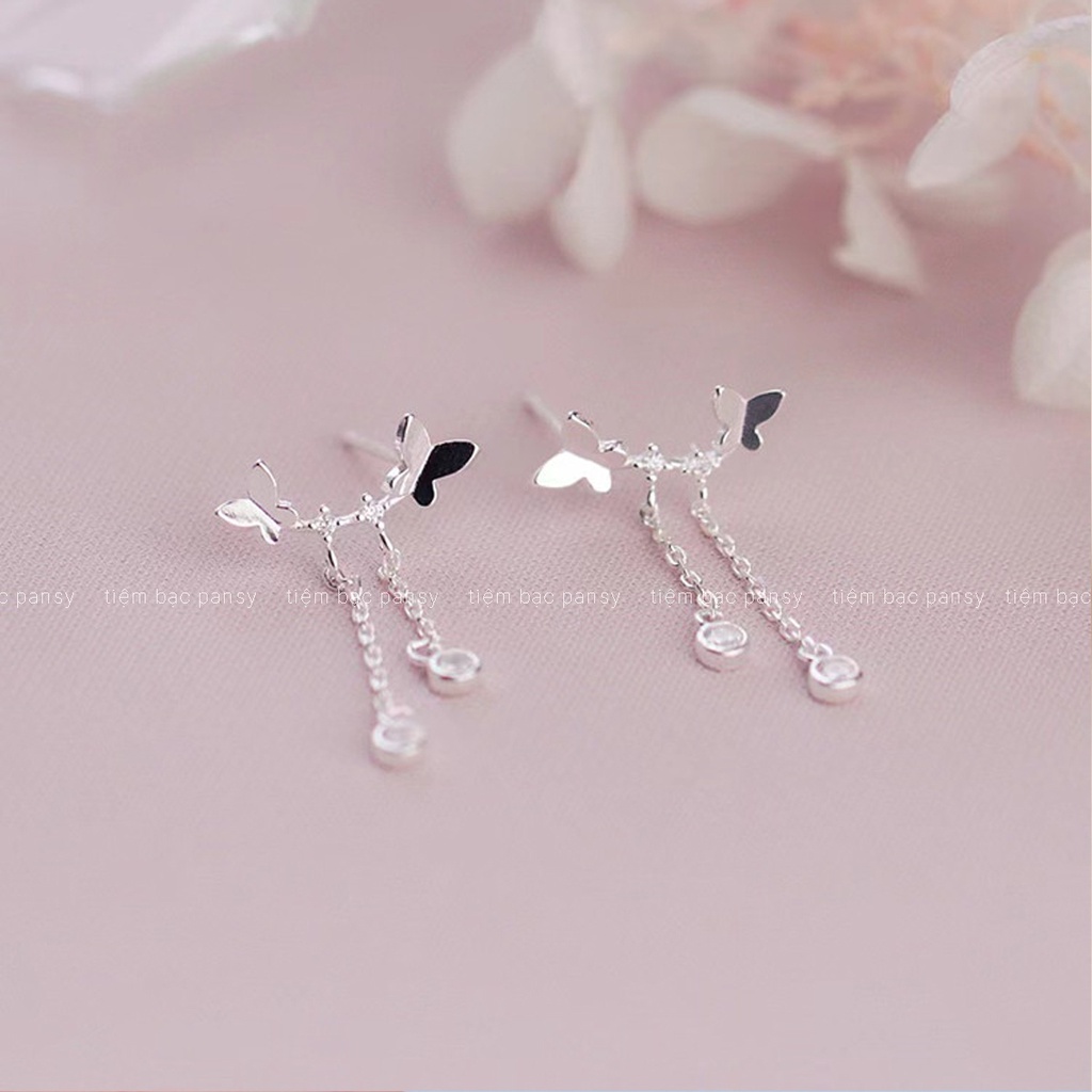 Bông tai bạc nữ PANSY hình cánh bướm thả sợi dáng dài, khuyên tai bạc hồ điệp xinh xắn