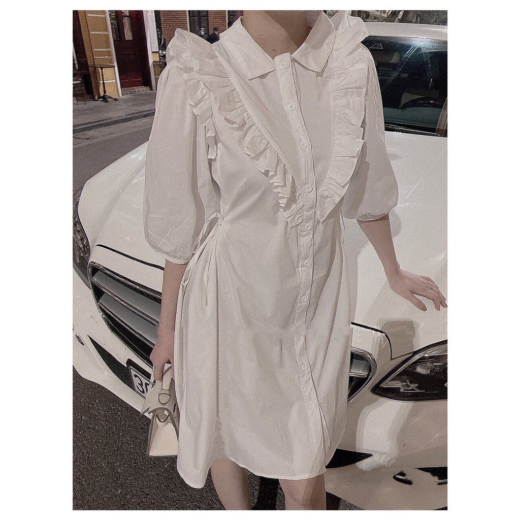 Váy Tay Lỡ Suông Cổ V Phối Viền Bèo Dáng Sơ Mi Trắng Style Retro sang trọng - Đầm Somi Trắng