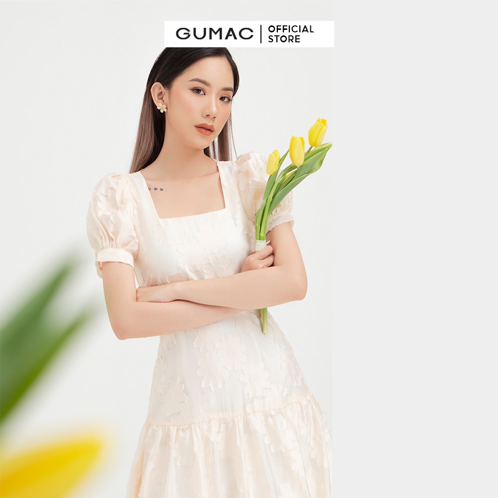 Đầm suông nữ cổ vuông GUMAC thiết kế váy nhún tùng màu kem đủ size DB4100 | BigBuy360 - bigbuy360.vn