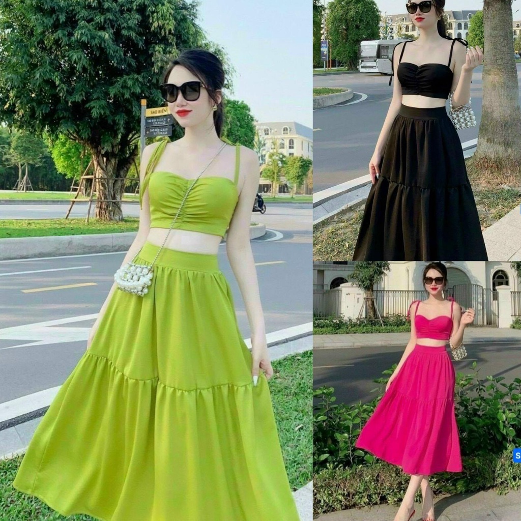 Sét Đồ Bộ Nữ Chật Liệu Đũi Áo 2 Dây Nhún Ngực ( Có Mút Ngực ) &amp; Chân Váy Dáng Xoè ( Có Lót Trong ) Thiết Kế Sang Chảnh A