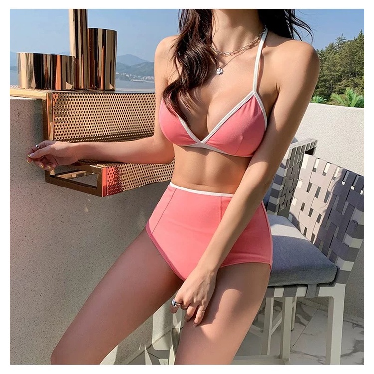 Bộ Bikini Hai Mảnh Lưng Cao Màu Trơn Phong Cách Hàn Quốc Chất Lượng Cao Cho Nữ