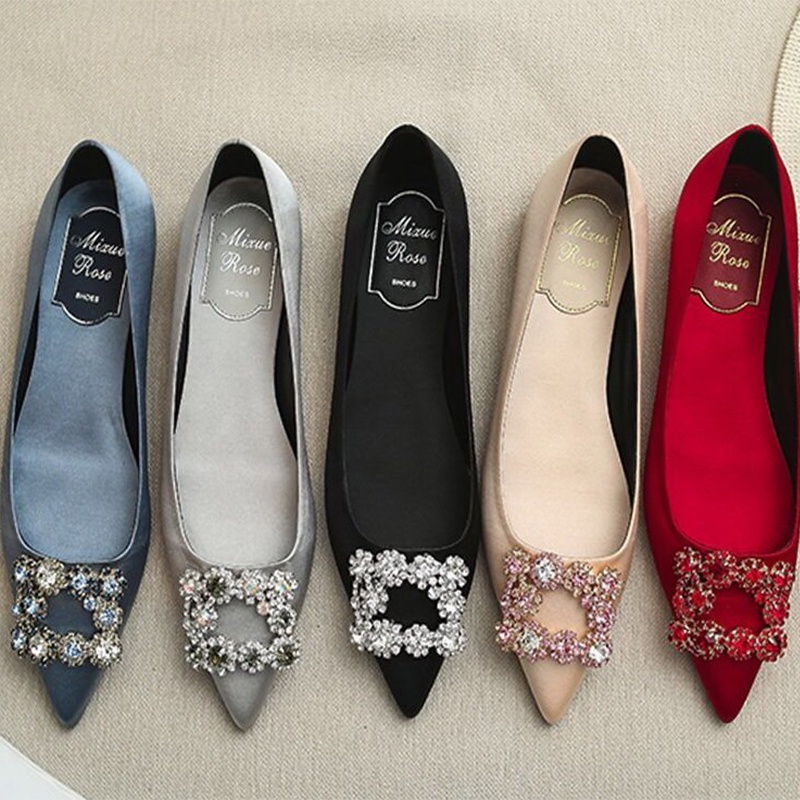 Giày búp bê đế bằng mũi nhọn size 34-43 đính đá phong cách Hàn Quốc thời trang sang trọng cho nữ