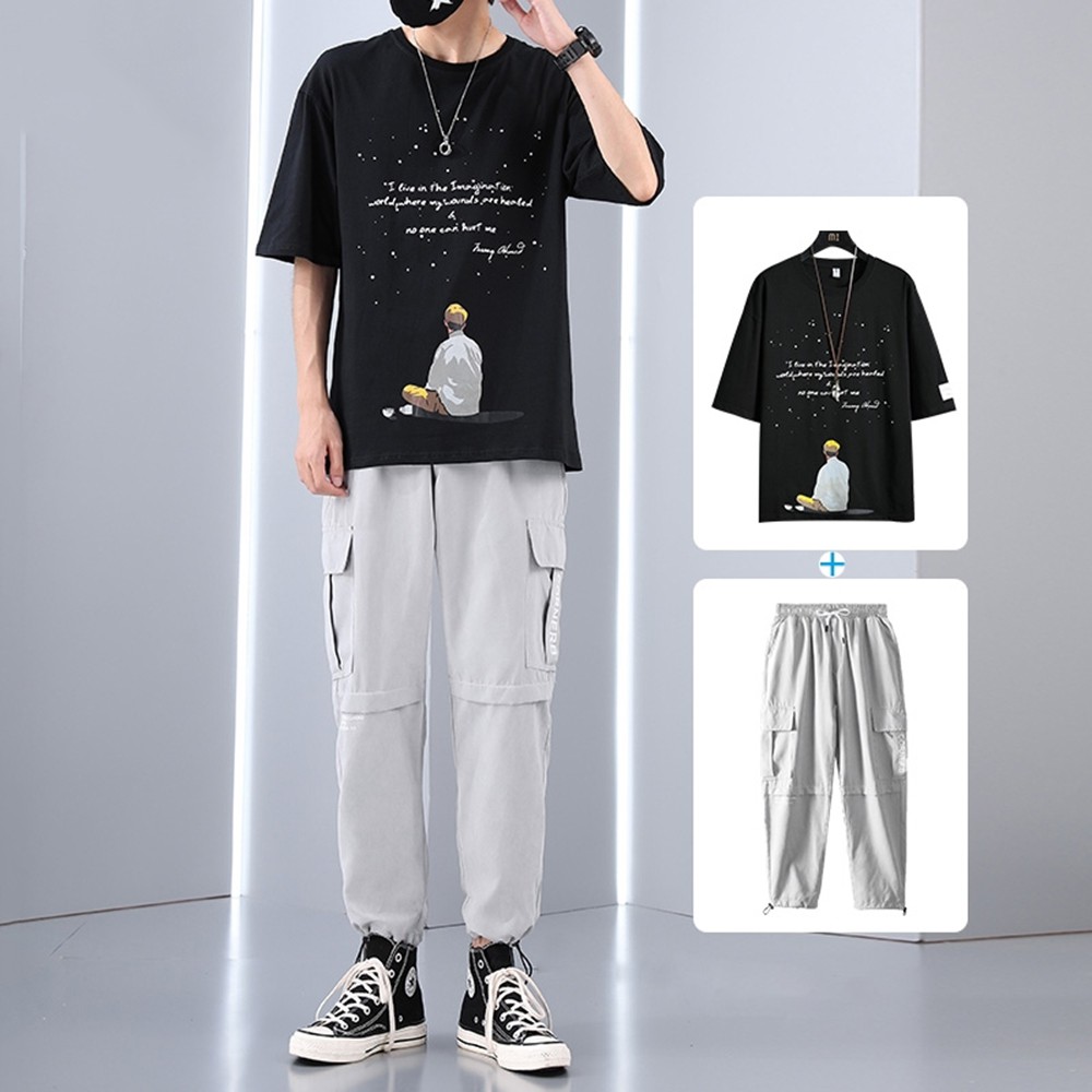 Bộ Đồ Thun Nam Thể Thao Áo Phông Chàng Trai Ngắm Sao Và Quần Jogger Túi Hộp Bo Gấu SET NAM 90000167 | BigBuy360 - bigbuy360.vn