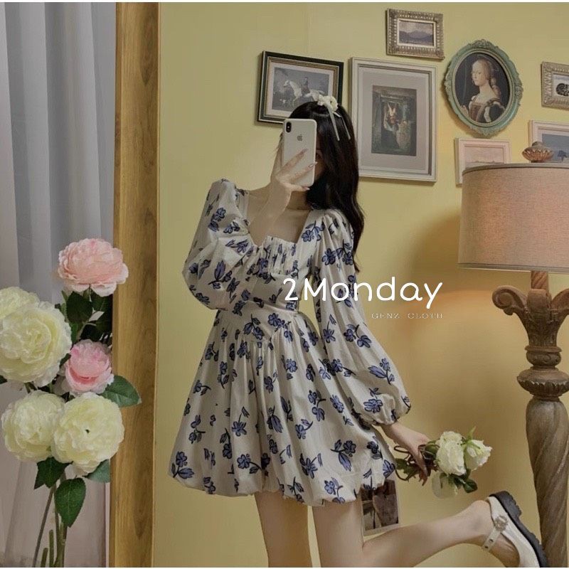 [Sẵn/ảnh thật] Váy hoa nina cổ vuông tay bồng xinh xắn bông xòe điệu tiểu thư có dây thắt | BigBuy360 - bigbuy360.vn