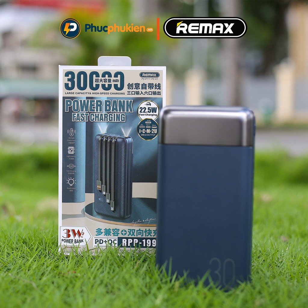 Sạc dự phòng 30000mah chính hãng Remax RPP 199 tích hợp dây sạc nhanh hỗ trợ sạc nhanh PD 20w và QC 3.0 - Phúc Phụ Kiện