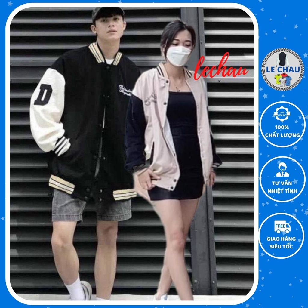 Áo khoác bomber nhung tăm unisex form rộng chữ D AKNT009 LECHAU varsity jacket 2 lớp thêu chữ streetstyle rẻ đẹp chất