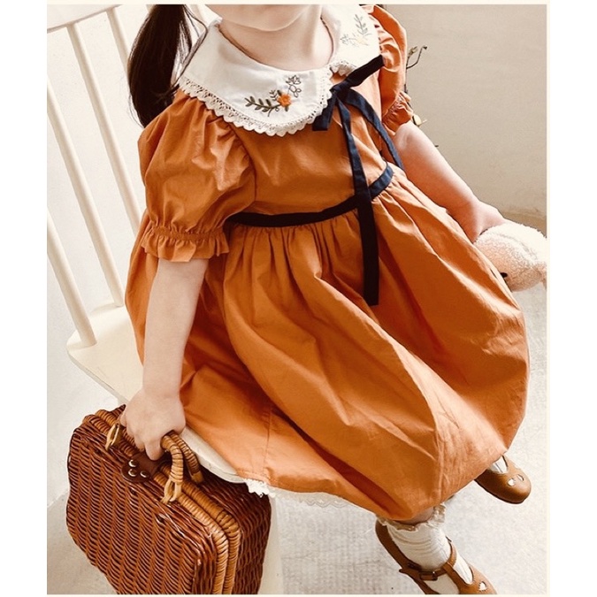 Đầm Babydoll Cổ Sen Thêu Hoa, Màu Cam Phối Dây Nơ