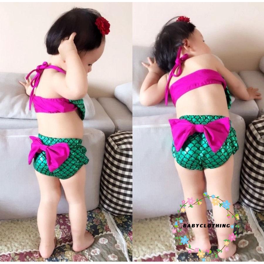 Bộ bikini 2 mảnh họa tiết nàng tiên cá cổ yếm xinh xắn dễ thương cho bé gái