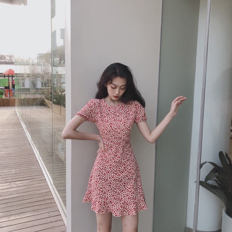 Xiaozhainv Đầm tay ngắn cổ tròn hoạ tiết hoa nữ tính | BigBuy360 - bigbuy360.vn