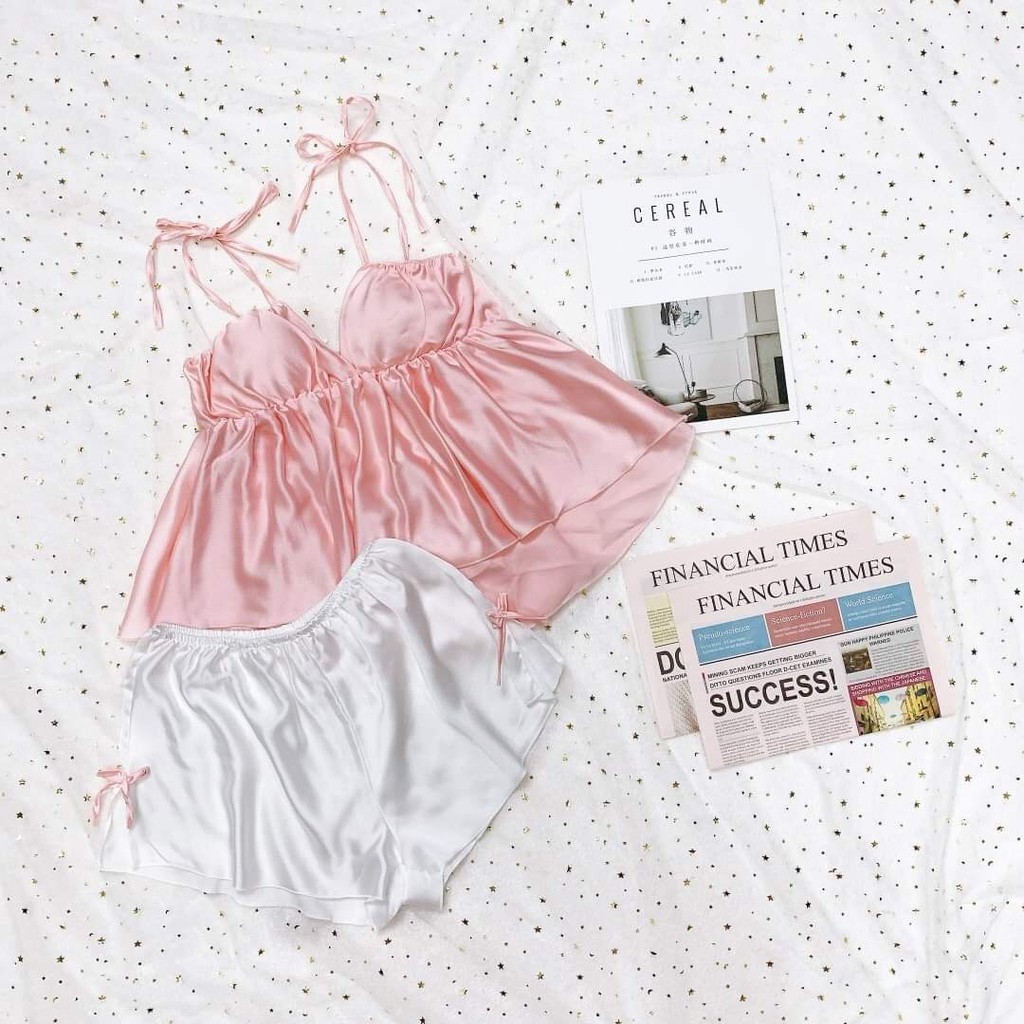 Set đùi 2 dây áo lụa satin màu - quần trắng siêu xinh form 40-56kg | BigBuy360 - bigbuy360.vn