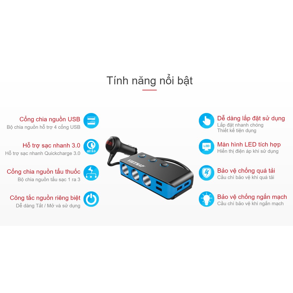 VietMap VM71 - Bộ Chia Nguồn Ô tô QC 3.0 Cao Cấp - 3 Cổng Nguồn - 4 Cổng USB - HÀNG CHÍNH HÃNG Bảo hành 12 tháng