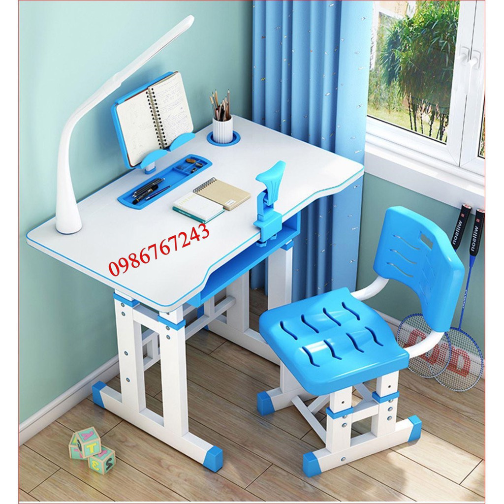 Bộ bàn ghế cho học sinh tiểu học - Tặng kèm đèn học và chống cằm Mầu Xanh
