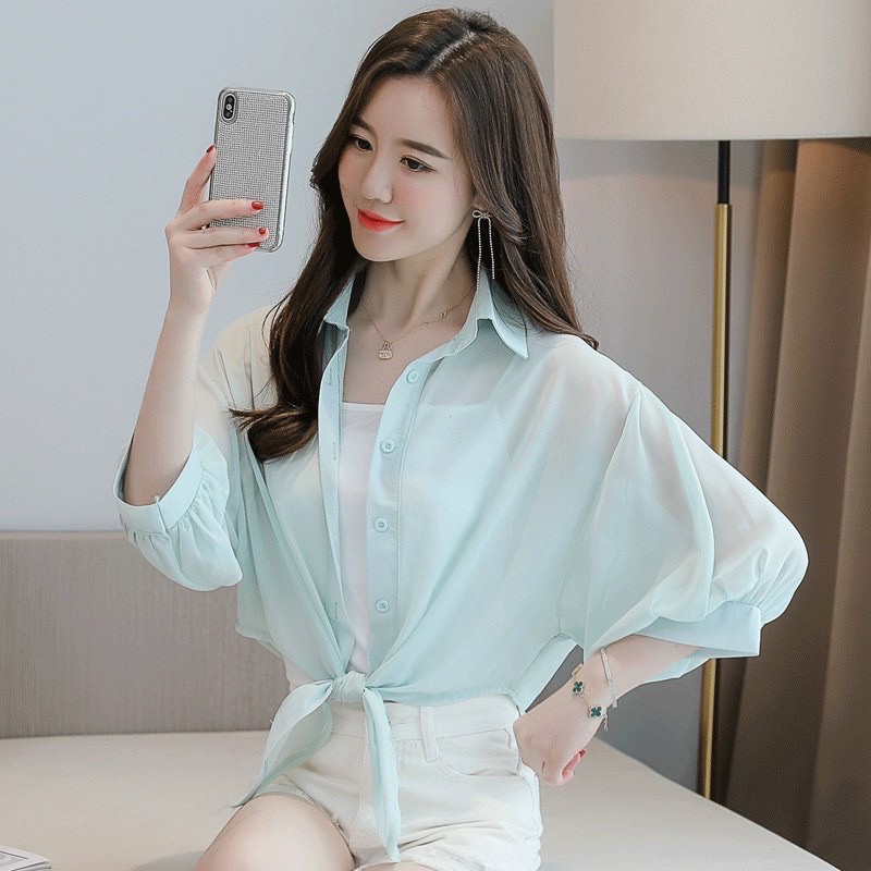 áo sơ mi voan vạt buộc nơ phong cách sành điệu_áo croptop cho bạn nữ | BigBuy360 - bigbuy360.vn