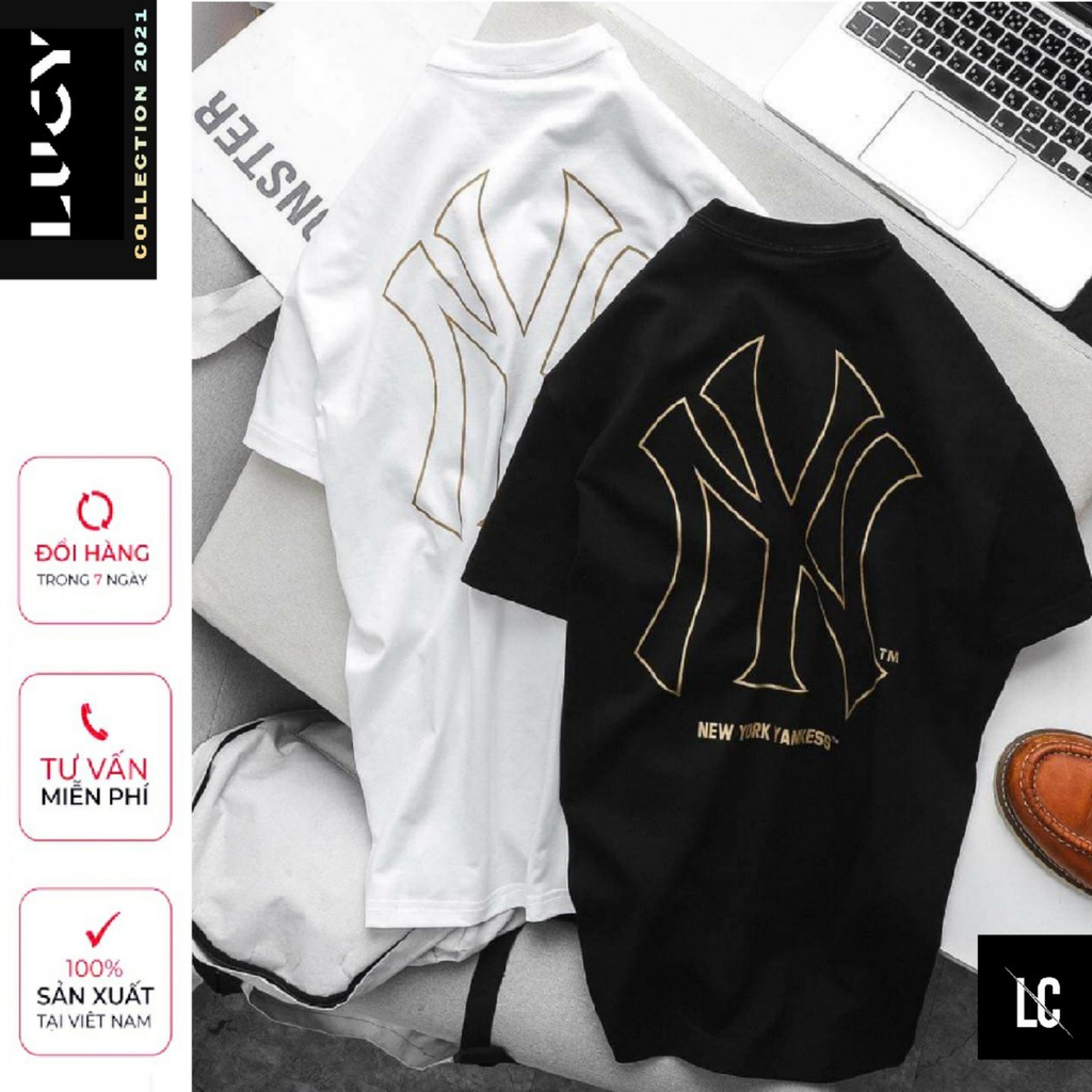 Áo thun tay lỡ Nữ Nam NY nhũ vàng Cotton 4 Chiều TATO